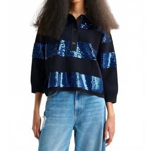 NEW ESSENTIAL ANTWERP illuminati striped sequin top in navy